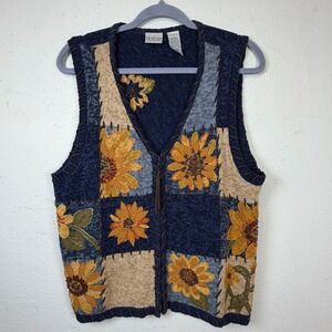 Carolina Colours Large Sunflower Patchwork Sweater Vest Zip Front Cottagecore 90